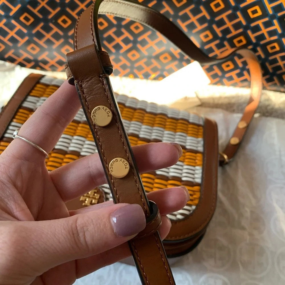 Tory Burch Emerson Woven Crossbody Bag Multicolor Orange White Tan Brown Gold - Picture 7 of 15